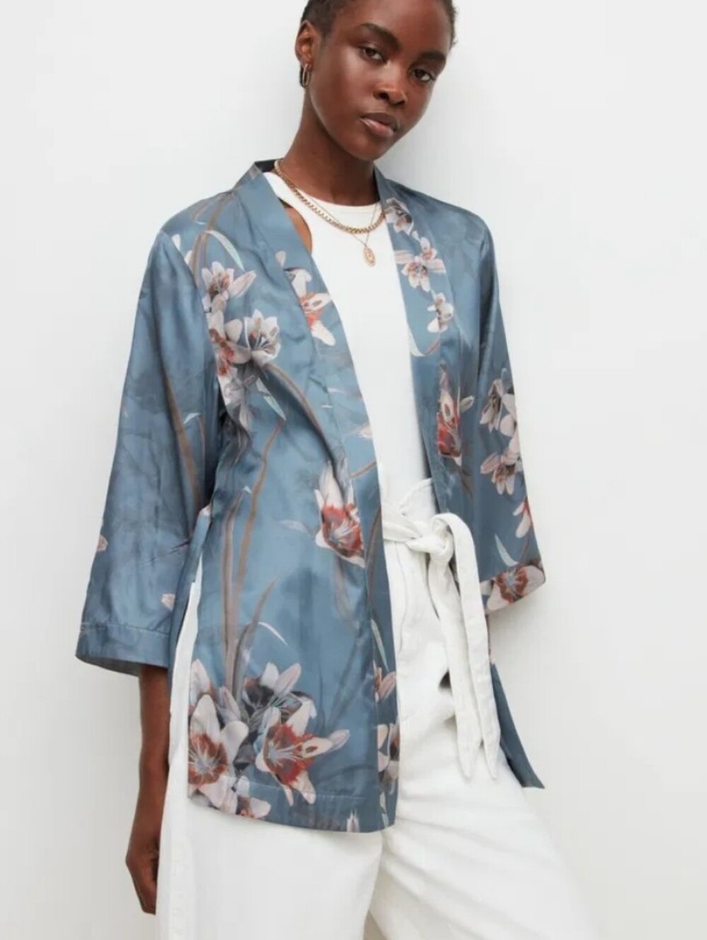 All Saints Slate Blue Floral Satin Kimono No Belt Feminine